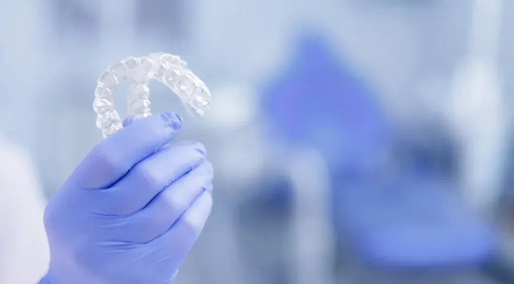 Closeup of dental professional holding clear invisalign retainer in gloved hand on blue clinic background